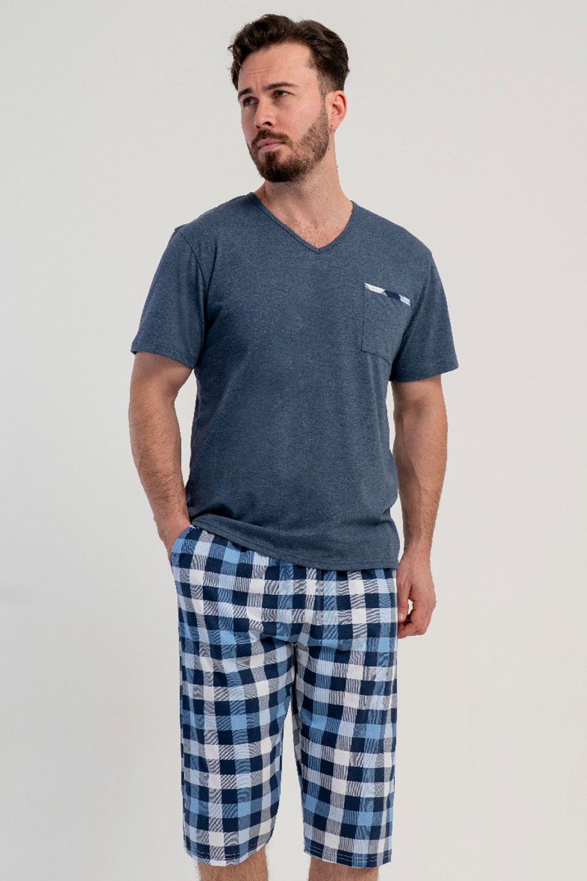 Erkek Büyük Beden V Yaka Kısa Kol Kaprili Pijama Takım
