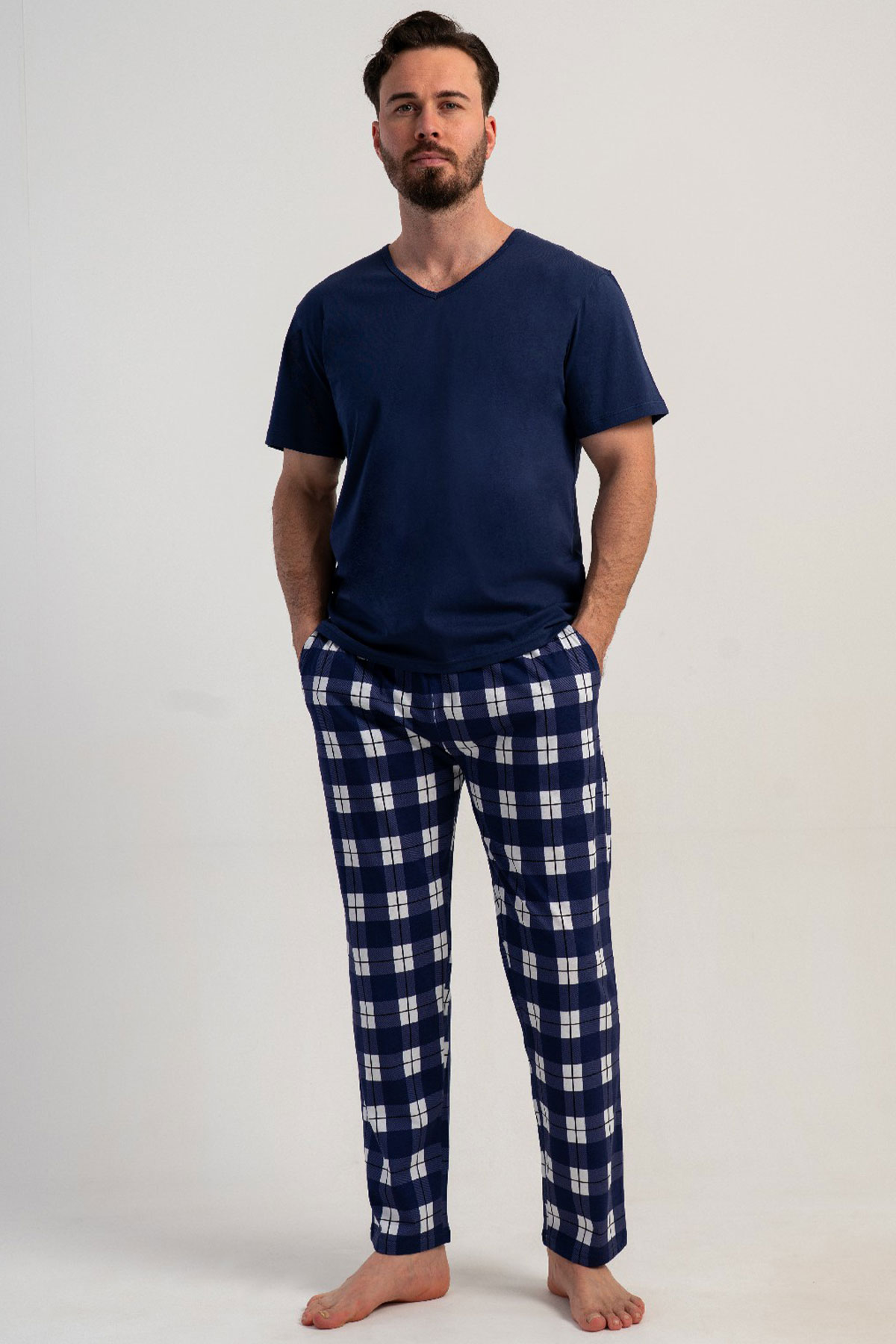 Pamuklu Erkek Büyük Beden V Yaka Kısa Kol Pijama Takım
