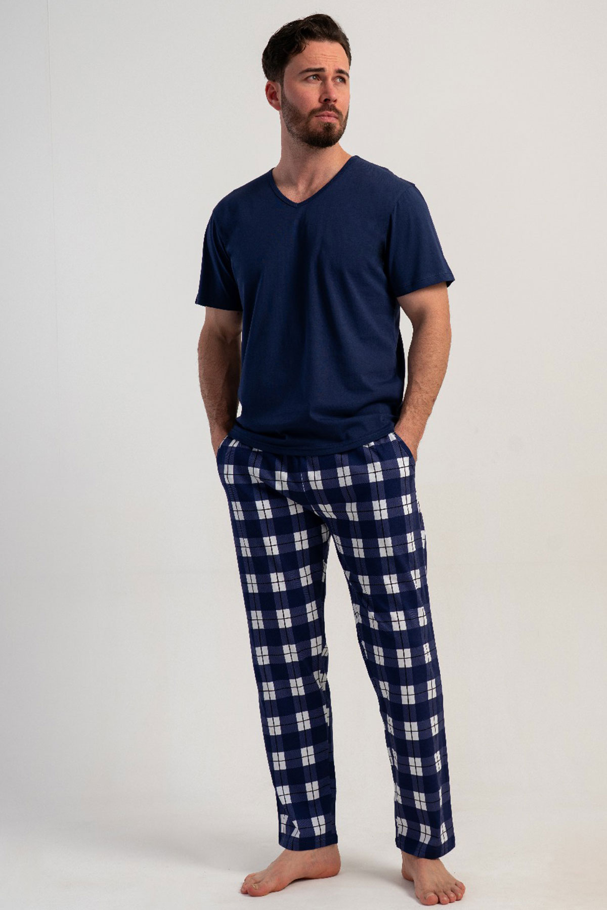 Pamuklu Erkek V Yaka Kısa Kol Pijama Takım
