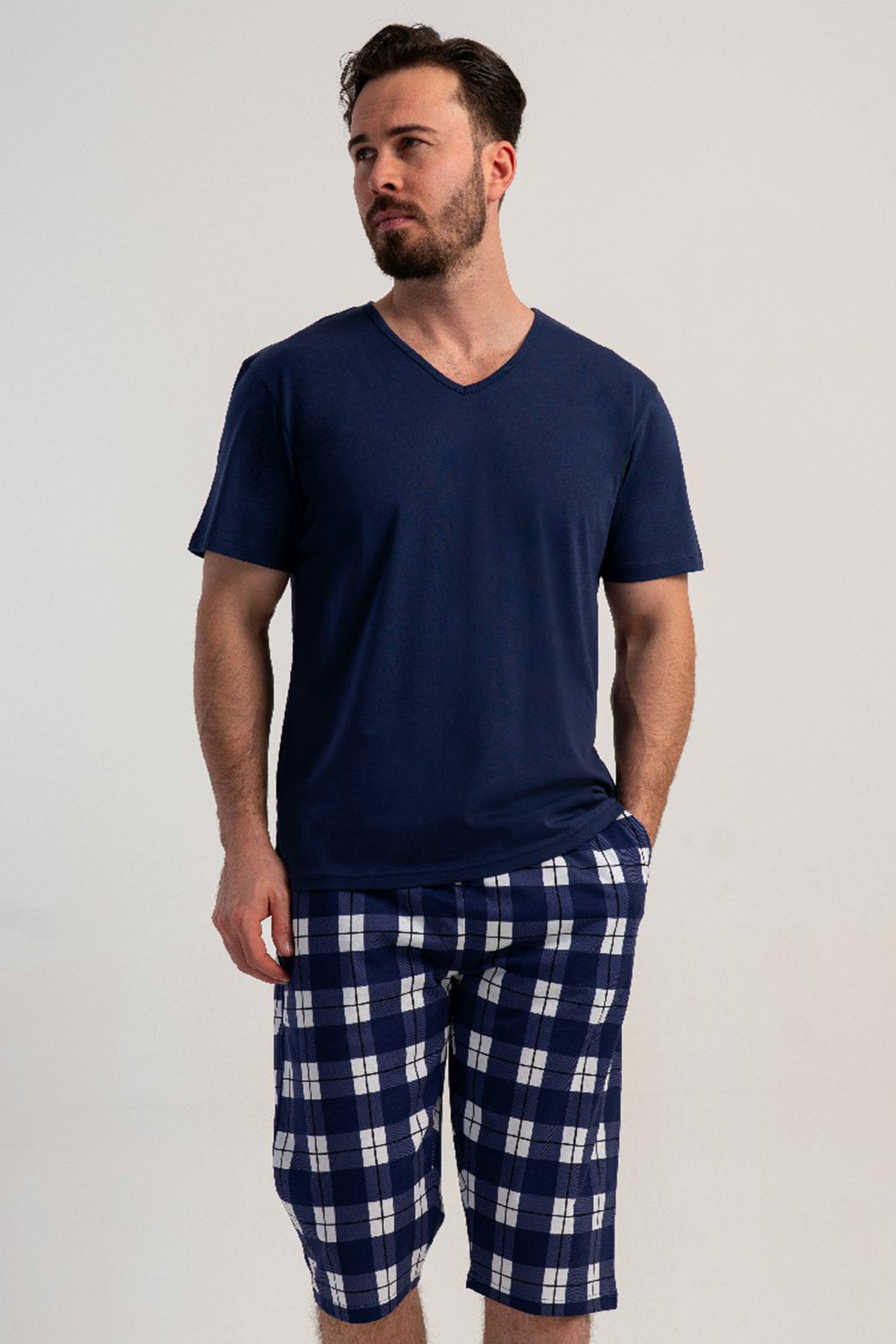 Pamuklu Erkek V Yaka Kısa Kol Kaprili Pijama Takım
