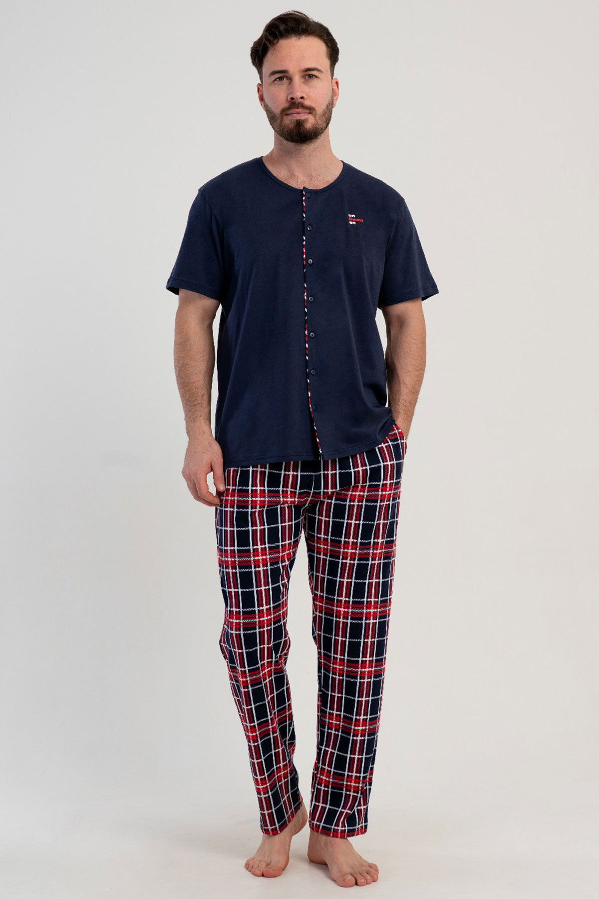 Pamuklu Erkek Tamamı Düğmeli Kısa Kol Pijama Takım
