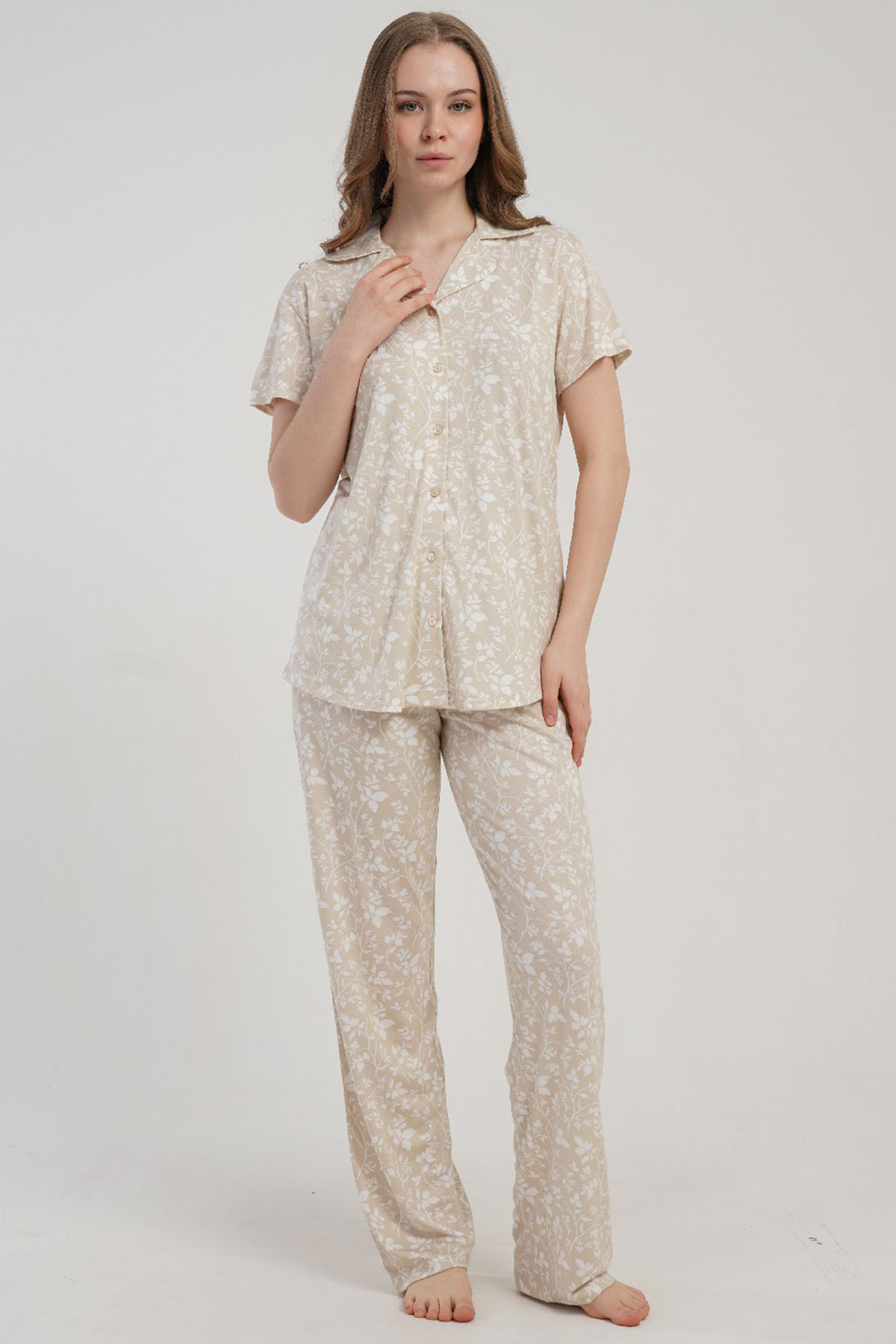 Kadın P.Vıscon Yaka Tamamı Düğmeli Kısa Kol Pijama Takım
