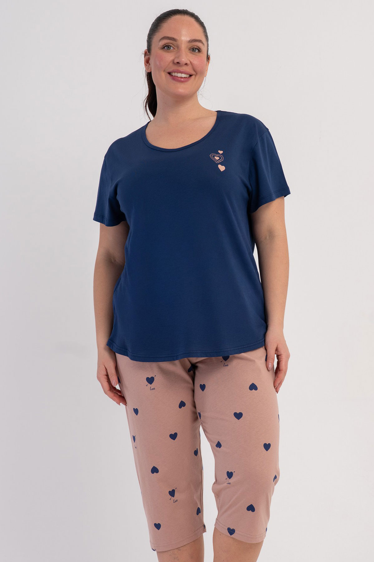 Pamuklu Kadın Büyük Beden Kısa Kol Kaprili Pijama Takım
