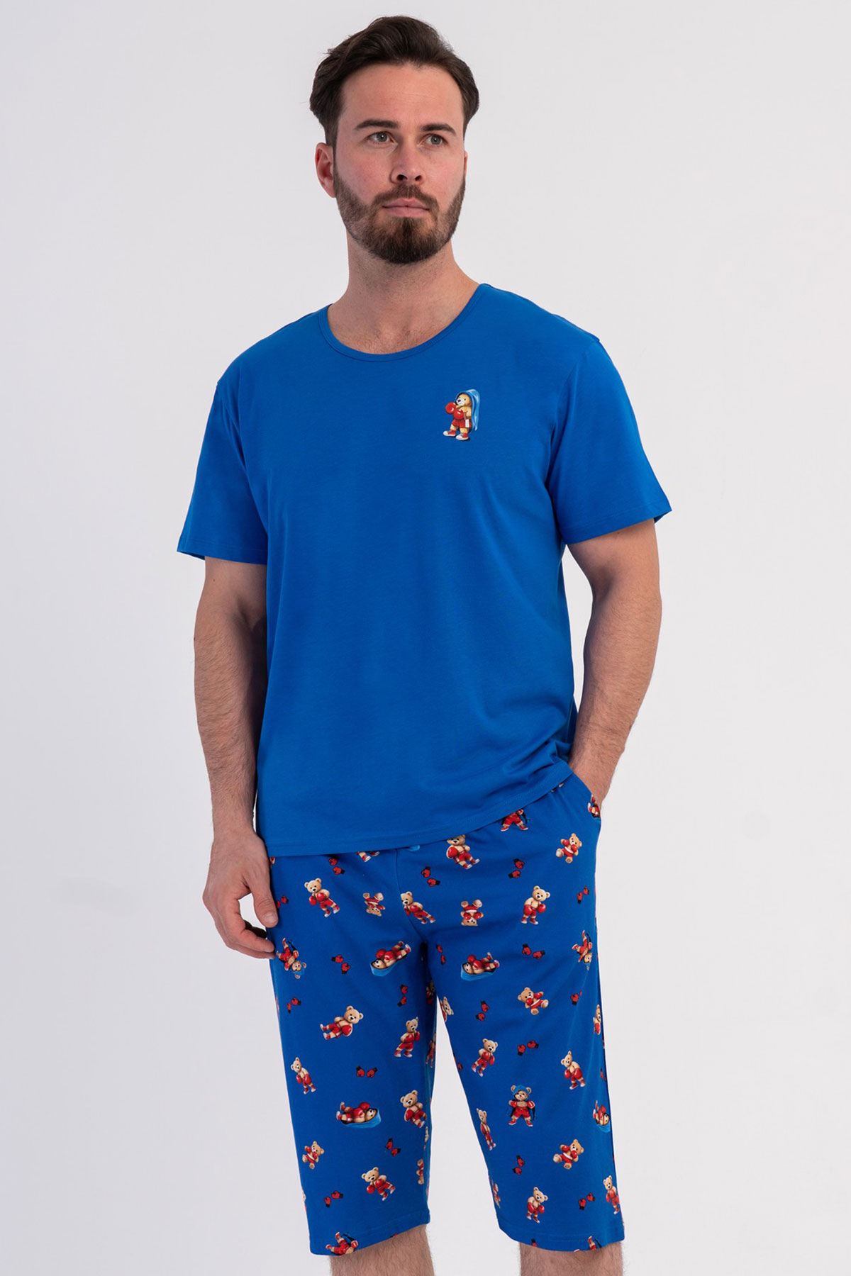 Pamuklu Erkek Büyük Beden Kısa Kol Kaprili Pijama Takım
