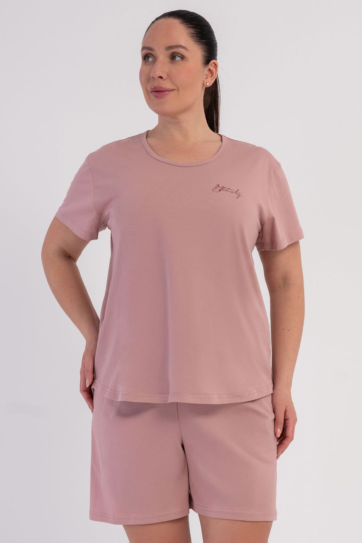 Pamuklu Kadın Büyük Beden Kısa Kol Şortlu Pijama Takım
