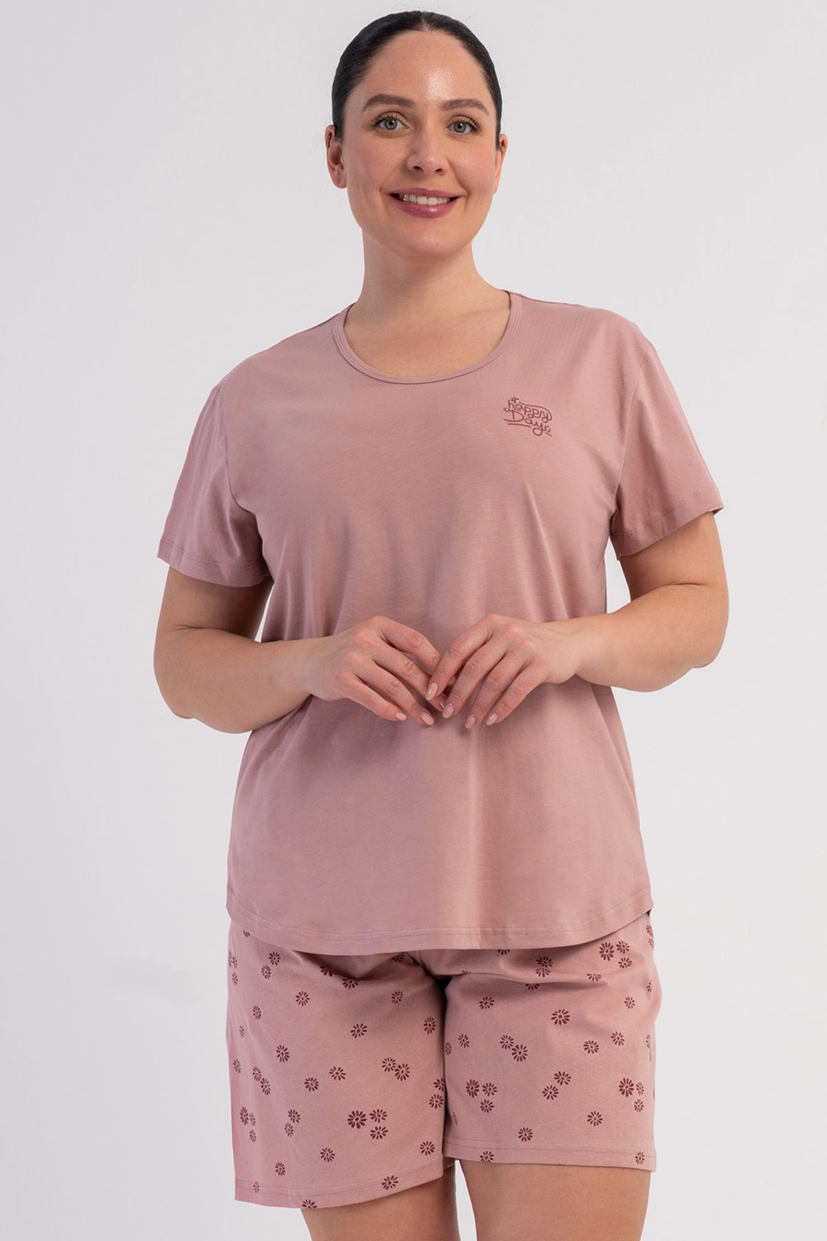 Pamuklu Kadın Büyük Beden Kısa Kol Şortlu Pijama Takım
