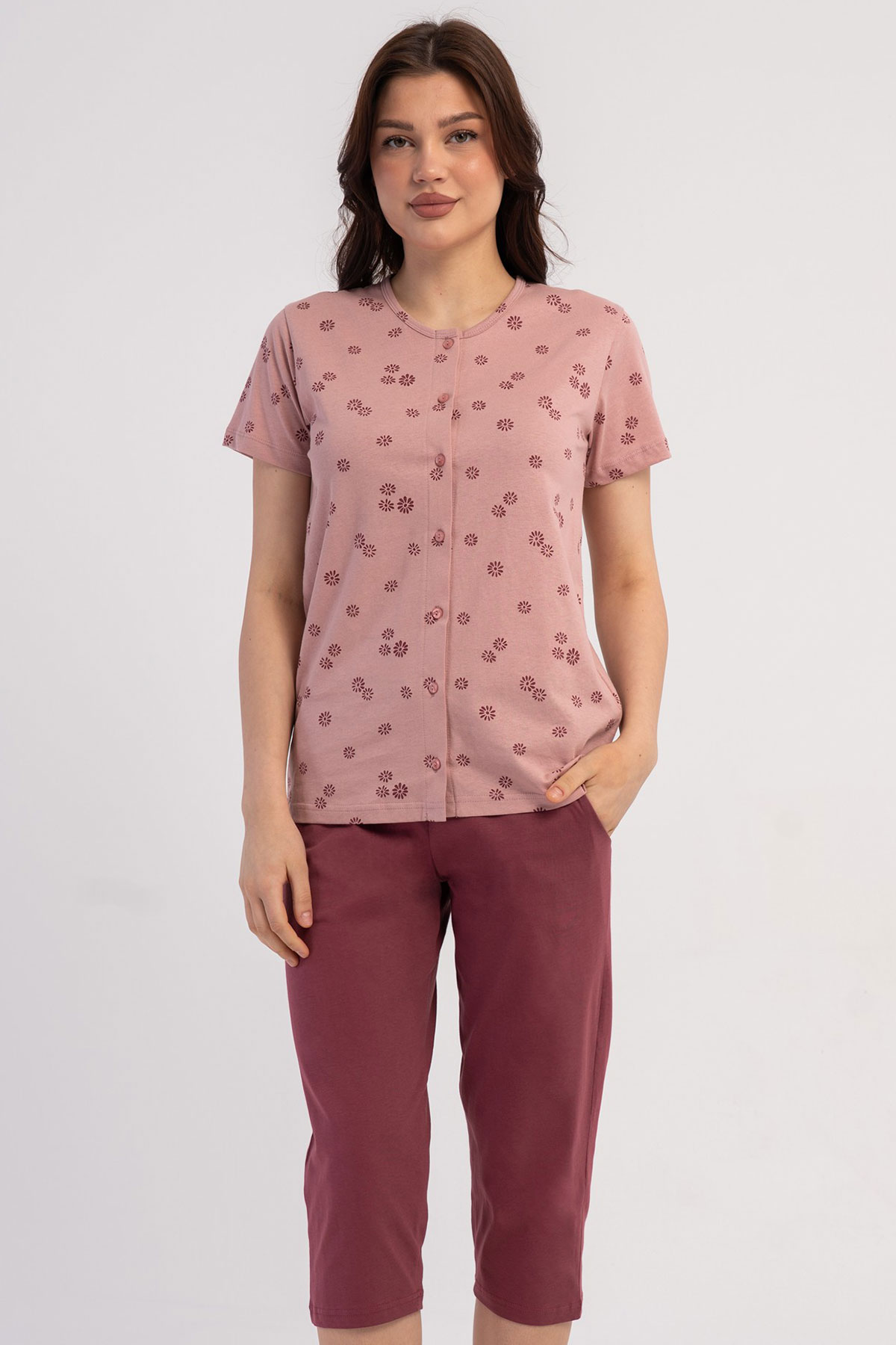 Pamuklu Kadın Tamamı Düğmeli Kısa Kol Kaprili Pijama Takım
