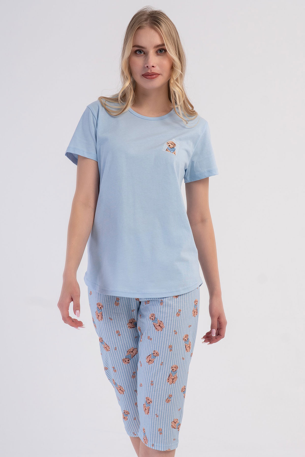 Pamuklu Kadın Kısa Kol Kaprili Pijama Takım
