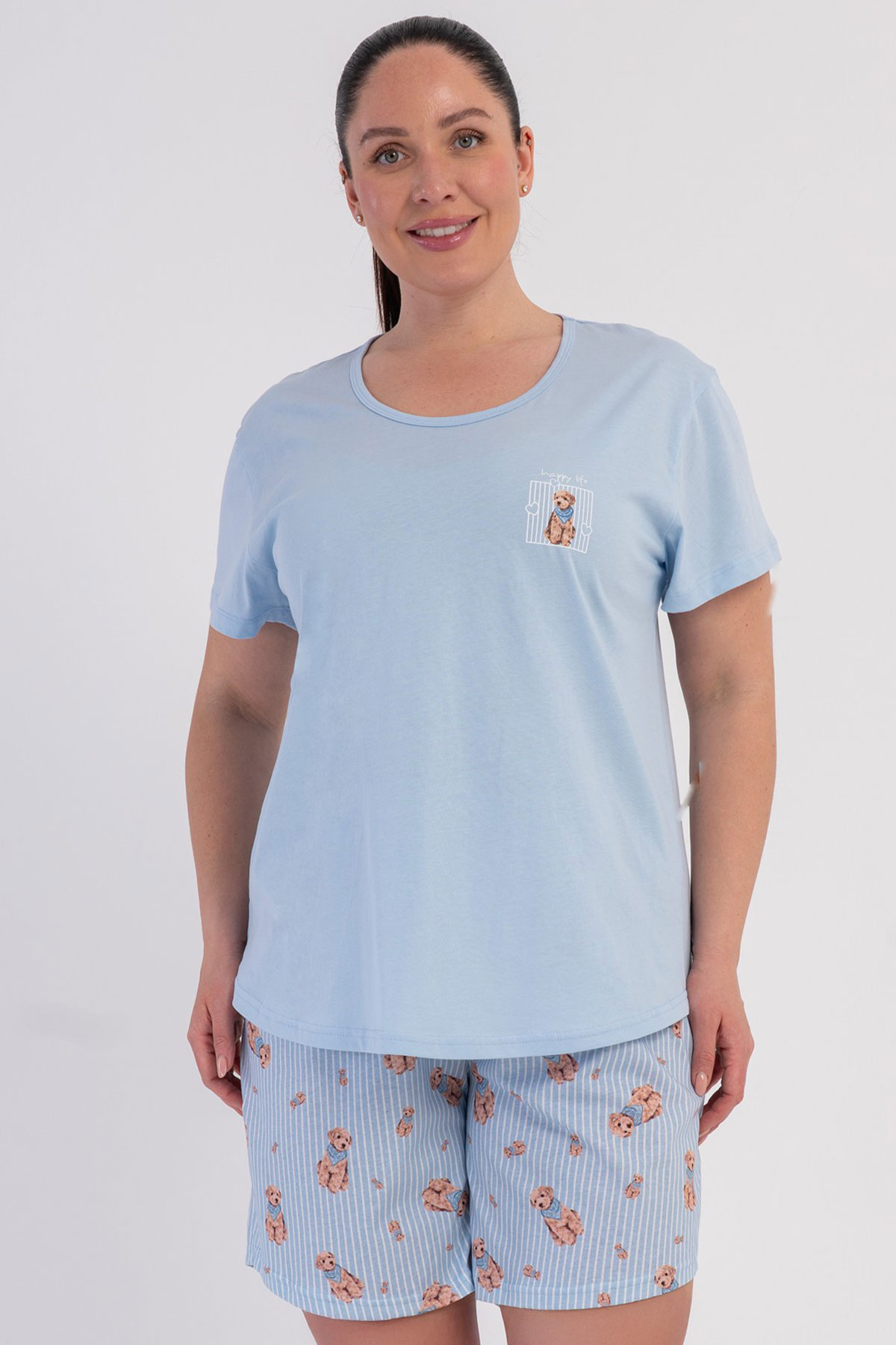 Pamuklu Kadın Büyük Beden Kısa Kol Şortlu Pijama Takım
