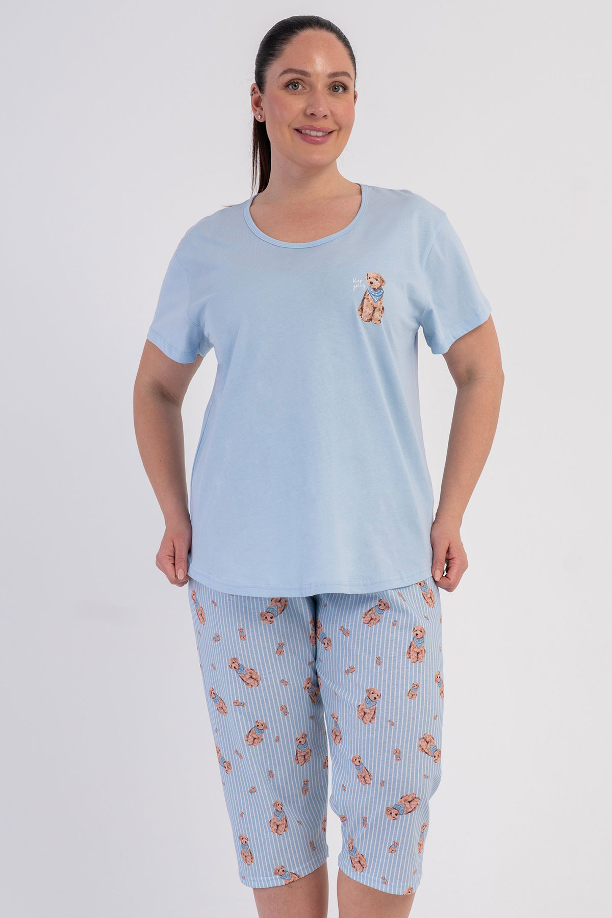 Pamuklu Kadın Büyük Beden Kısa Kol Kaprili Pijama Takım
