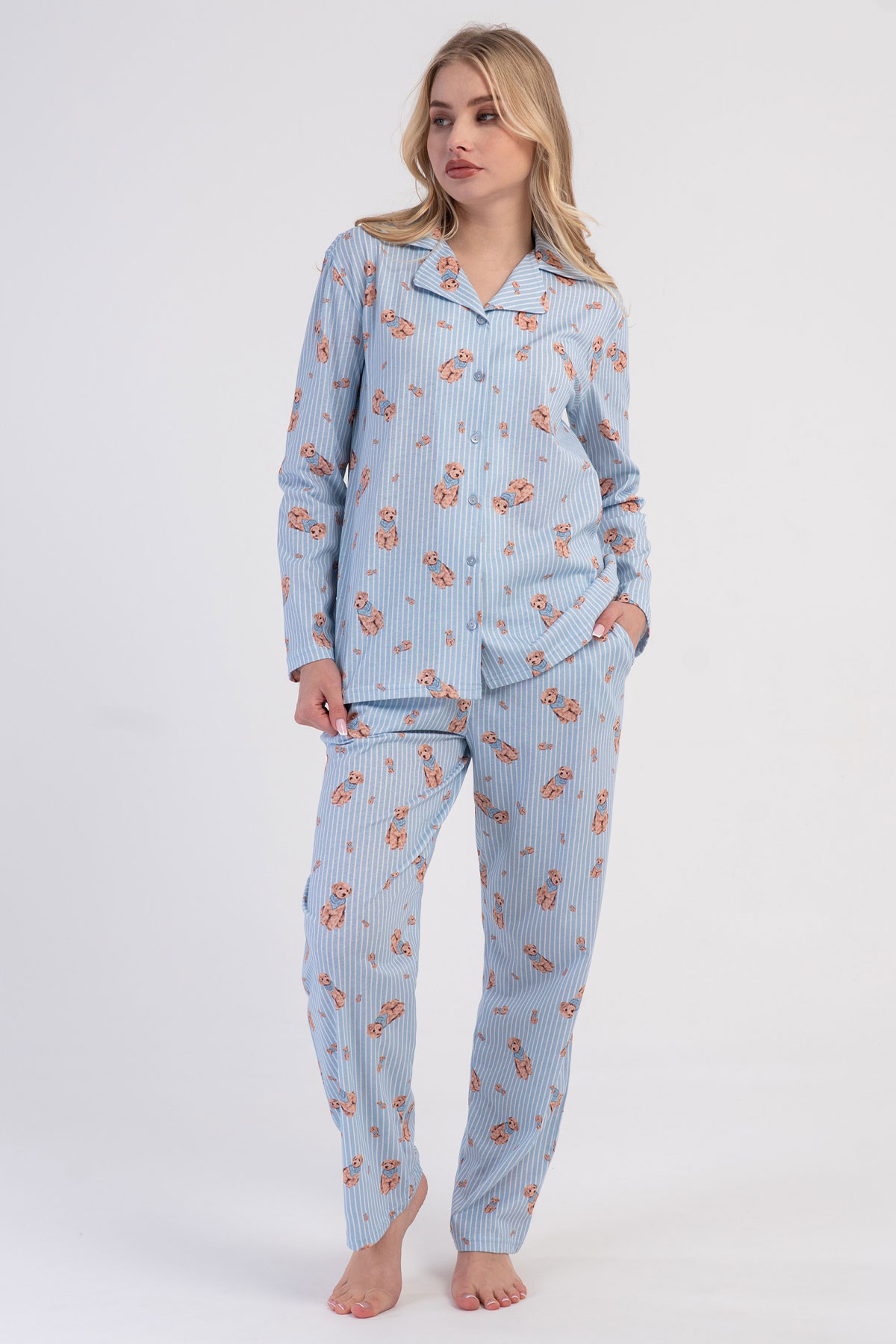 Pamuklu Kadın Yaka Tamamı Düğmeli Uzun Kol Pijama Takım
