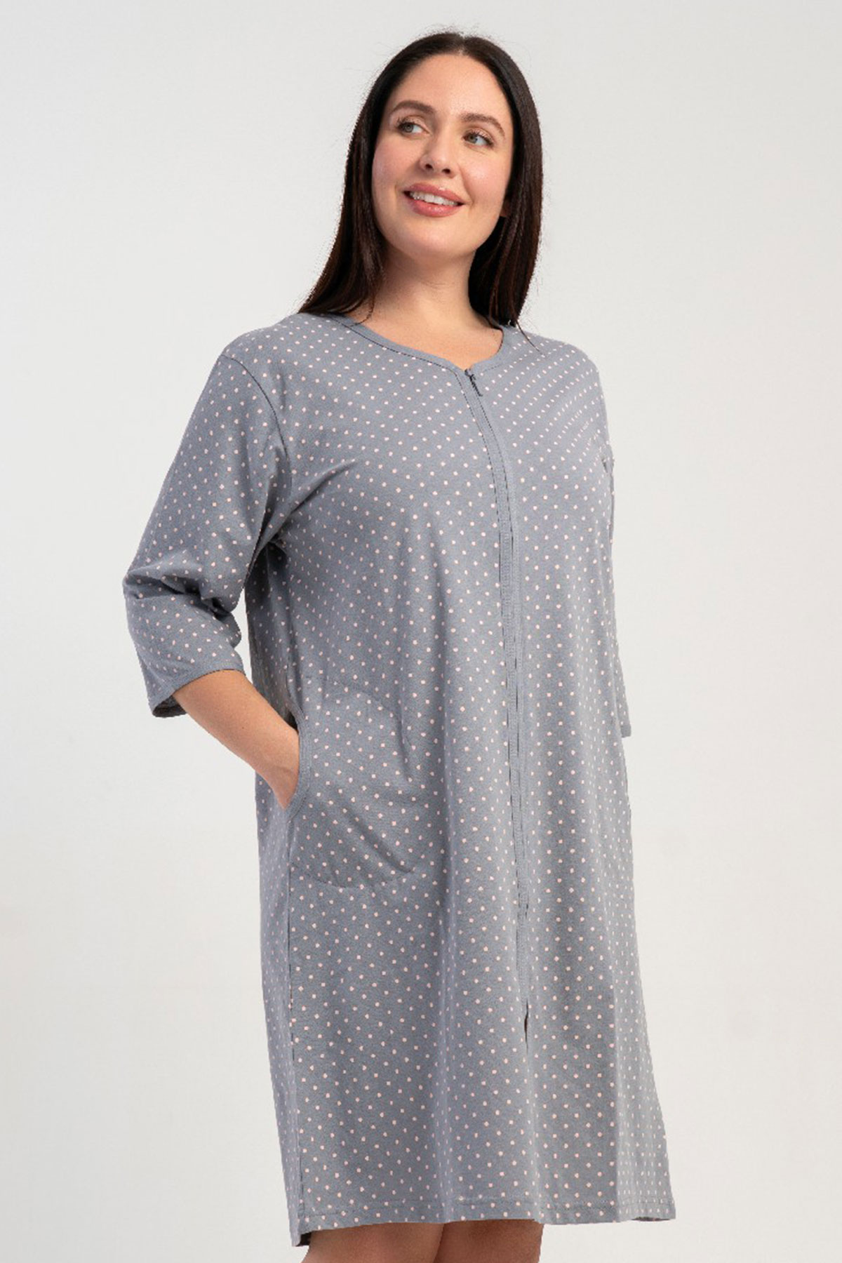 Pamuklu Kadın Büyük Beden 3/4Kol Fermuarlı Gecelik
