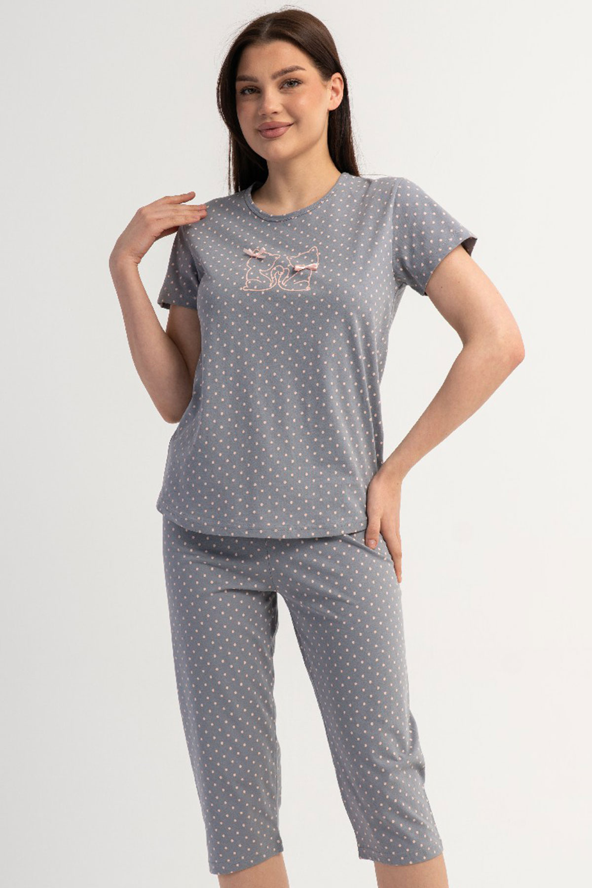 Pamuklu Kadın Kısa Kol Kaprili Pijama Takım
