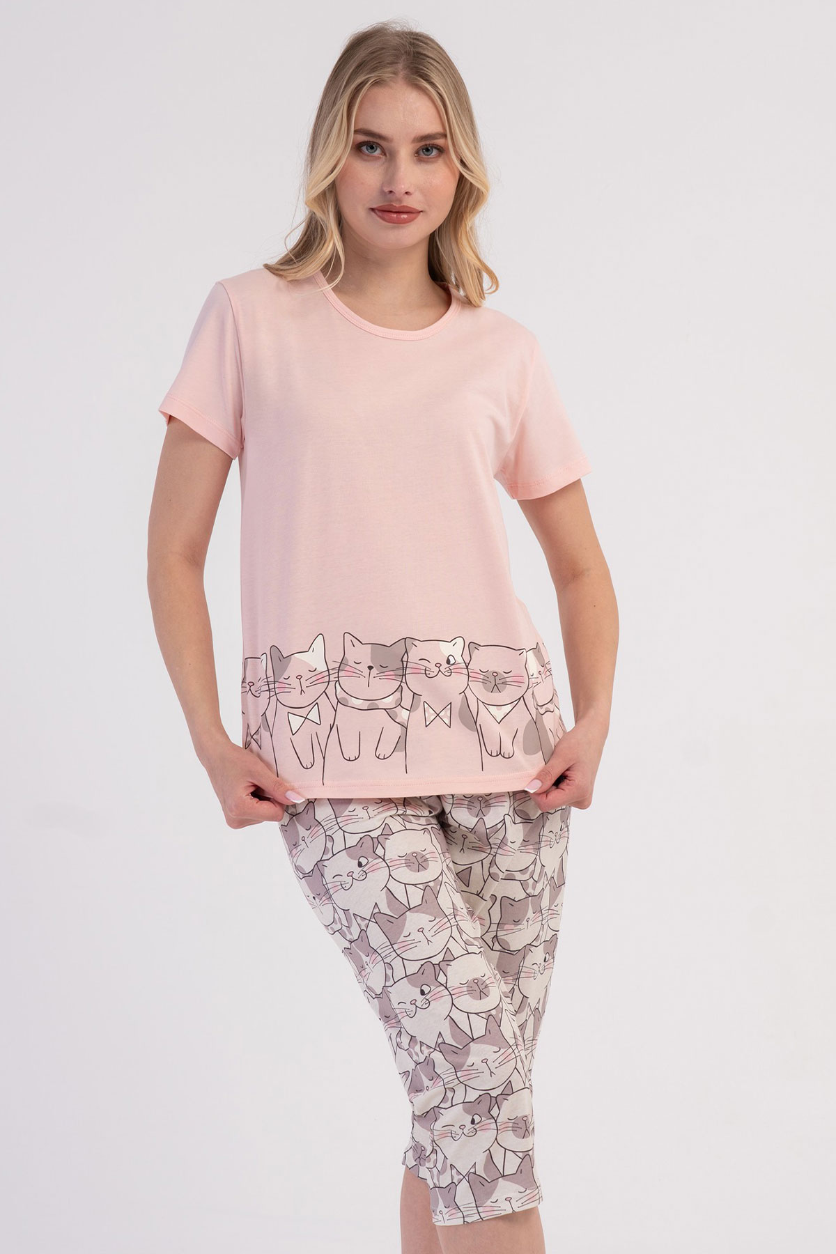 Pamuklu Kadın Kısa Kol Kaprili Pijama Takım
